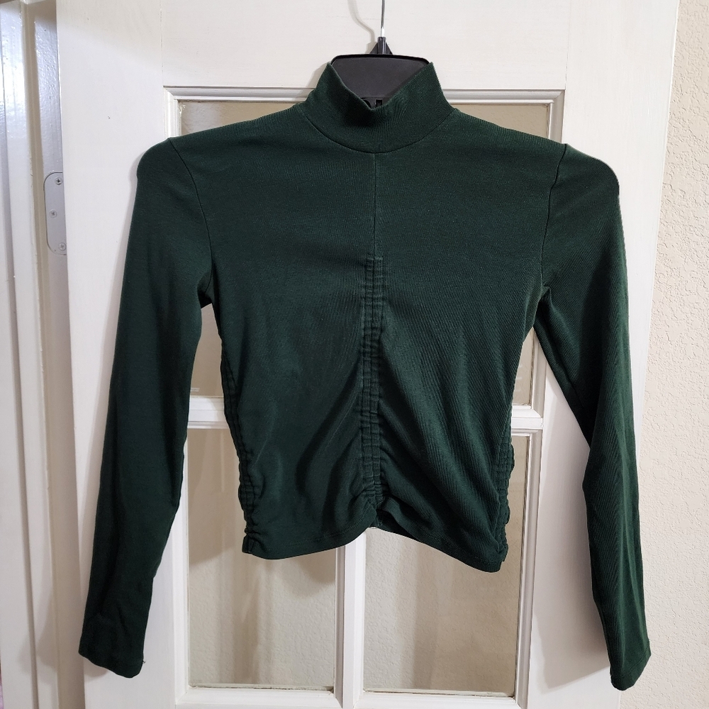 ZARA Green Ruched Mock Neck Crop Top Long Sleeve Stretch Cotton Size L